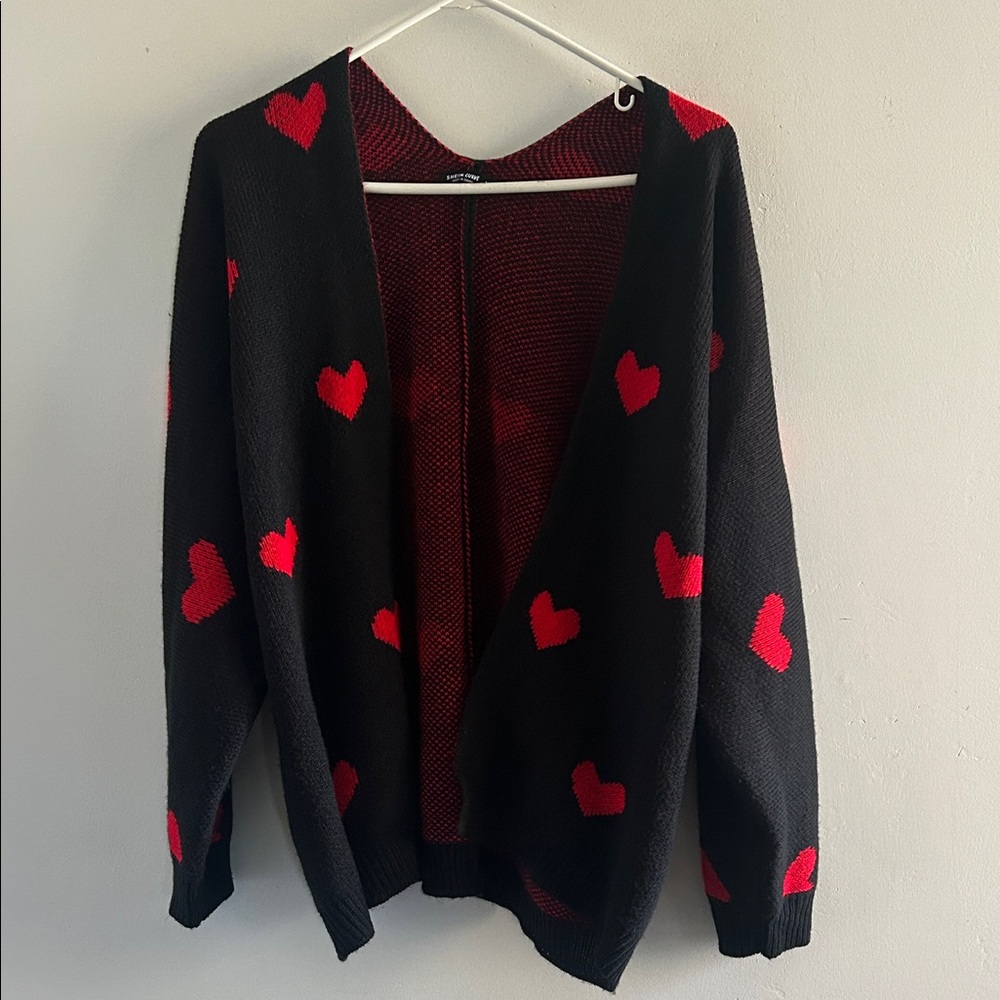 SHEIN Black Open Cardigan with Red Heart Accents
